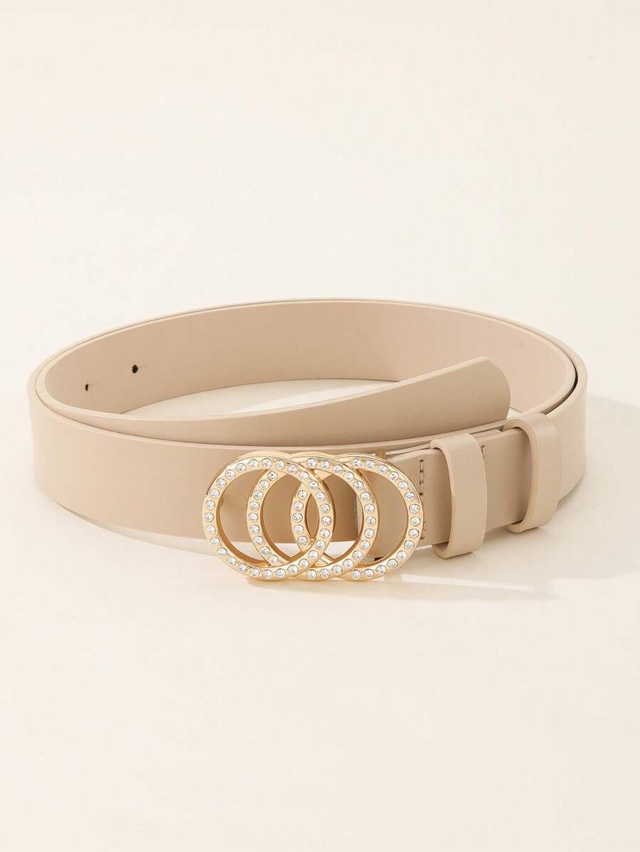 1 条 3 圈金色水钻装饰女士休闲百搭腰带，适合日常使用，PU 皮革 - 米色 - 查看 1
