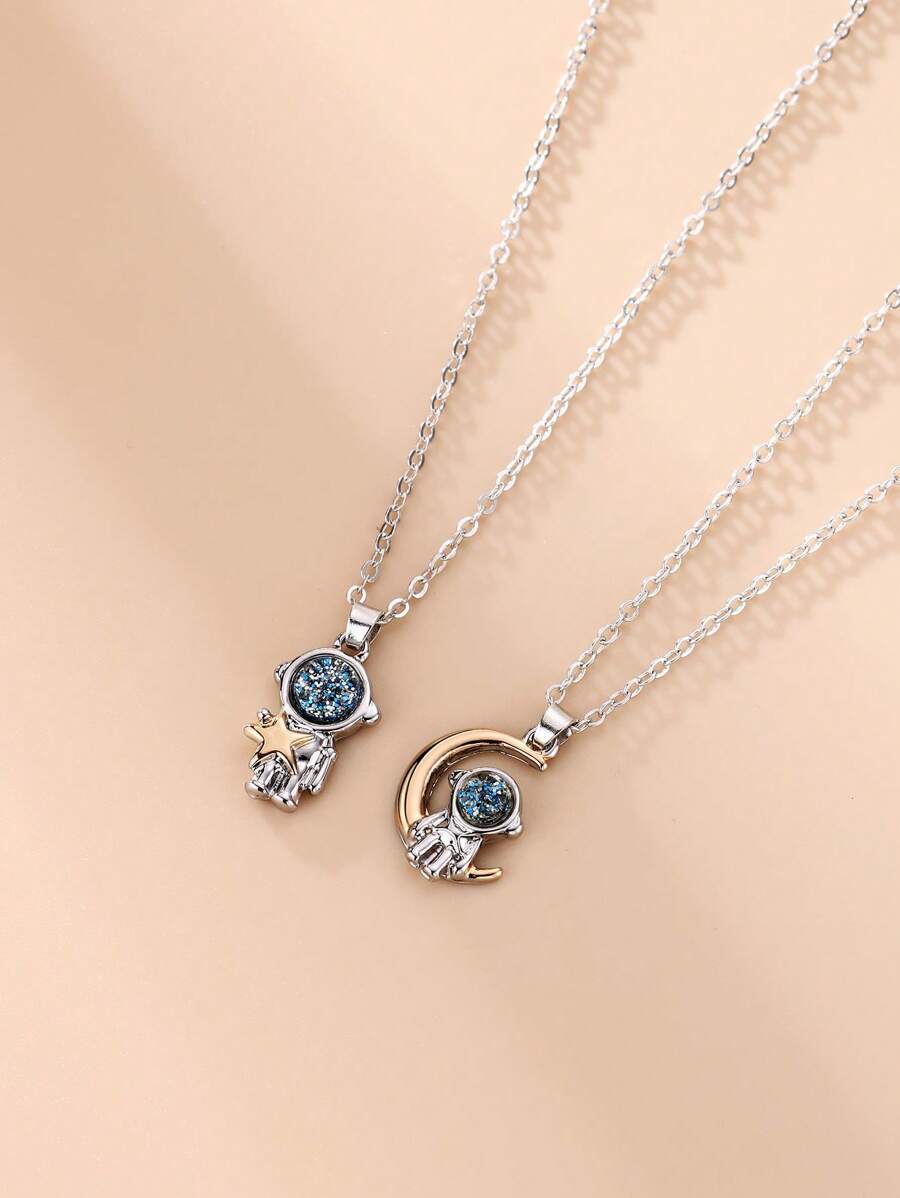 2 piezas/set Collar con colgante moda aleación de zinc pareja astronauta estrella y luna para mujeres para regalo de citas - Multicolor - Ver 1