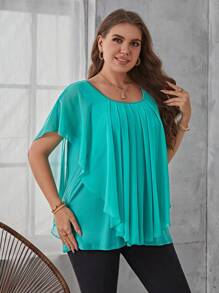 SHEIN LUNE áo nữ kích thước lớn Tương phản Mesh màu trơn Giải trí - Màu xanh ngọc - Xem 3