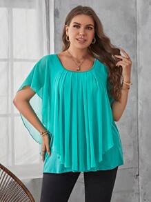 SHEIN LUNE áo nữ kích thước lớn Tương phản Mesh màu trơn Giải trí - Màu xanh ngọc - Xem 5