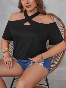 SHEIN LUNE 大碼素色十字交叉繞頸挖肩T恤 - 黑色 - 查看 1