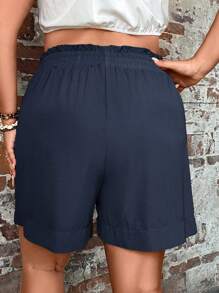 SHEIN LUNE Quần Short kích thước lớn viền lá sen Túi Quần paper-bag màu trơn Giải trí - Màu xanh hải quân - Xem 2