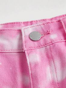 SHEIN Bé Gái Quần Jeans Nút Túi Dây kéo Tim Tất cả trên in - Màu Hồng baby - Xem 3