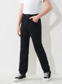 Tween Boy Slant Pocket Straight Leg Jeans, School, Campus, College Chic Outfits For Autumn/Winter - Black - View 1