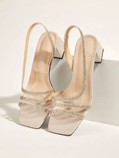 Women Minimalist Mules, Glitter Chunky Heeled Glamorous Sandals Gold