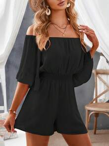 DOKOTOO Off Shoulder Flounce Sleeve Romper - Black - View 3