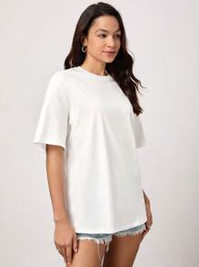 SHEIN BASICS Casual Solid Drop Shoulder Tee For Summer - White - View 3