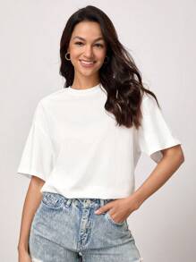SHEIN BASICS Casual Solid Drop Shoulder Tee For Summer - White - View 1