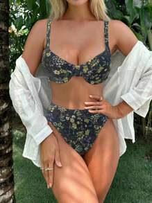 SHEIN Swim Floral Print Bikini Set Smocked Adjustable Strap Underwire Bra & High Waisted Bottom 2 Piece Bathing Suit - Multicolor - View 3