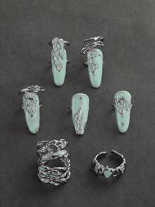 7pcs/set Creative Fire & Fake Nail Decor Ring For Women For Party - Green - View 2