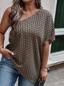SHEIN LUNE Áo sơ mi Plus Size Tất cả trên in Giải trí - Màu Khaki - Xem 5