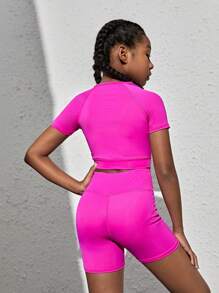 SHEIN Girls Solid Crop Tee & Cycling Shorts - Hot Pink - View 2