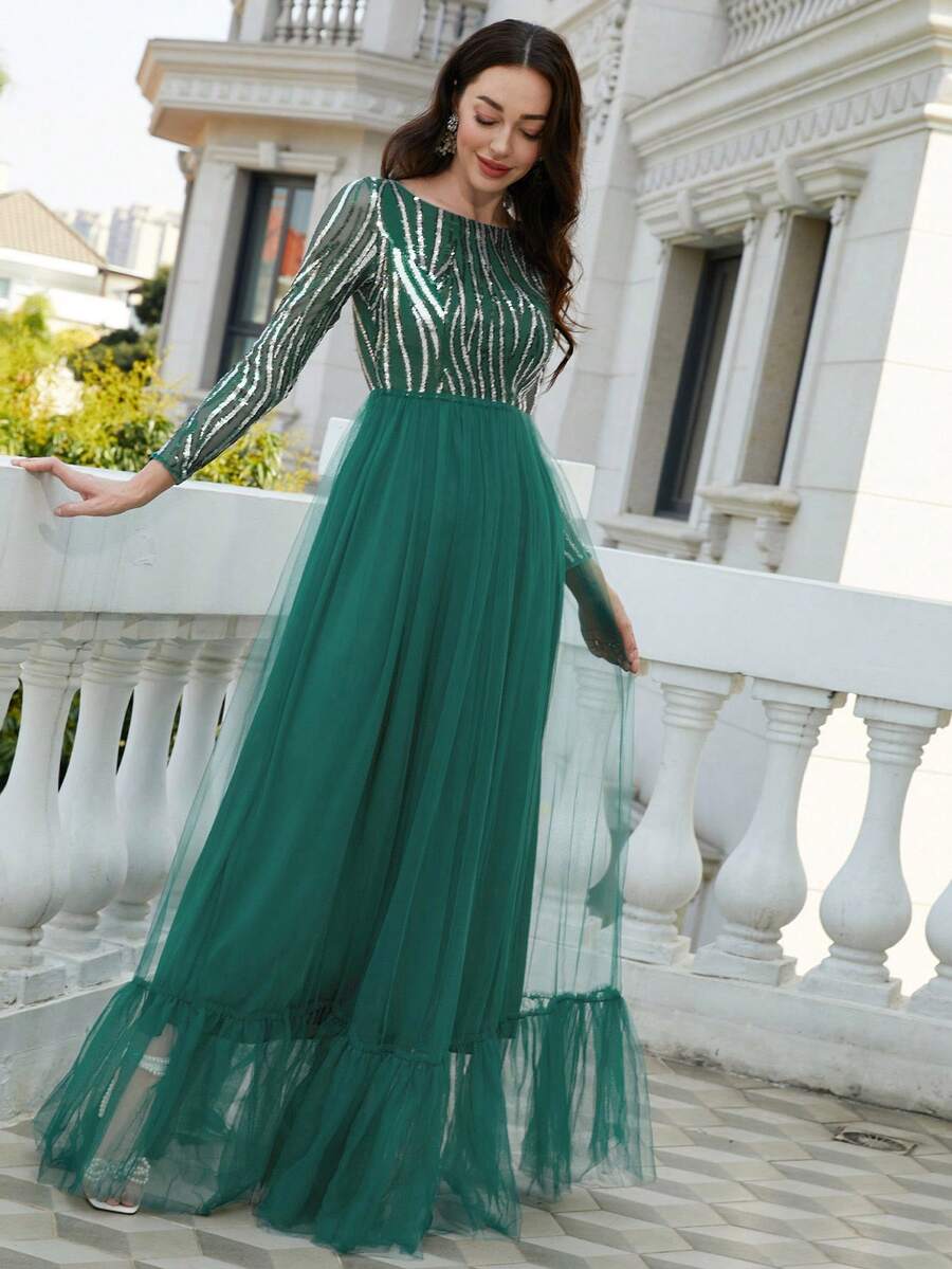 Missord Contrast Sequin Mesh Overlay Formal Dress - Green - View 1