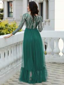 Missord Contrast Sequin Mesh Overlay Formal Dress - Green - View 2