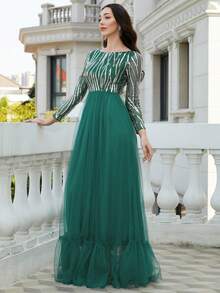 Missord Contrast Sequin Mesh Overlay Formal Dress - Green - View 6