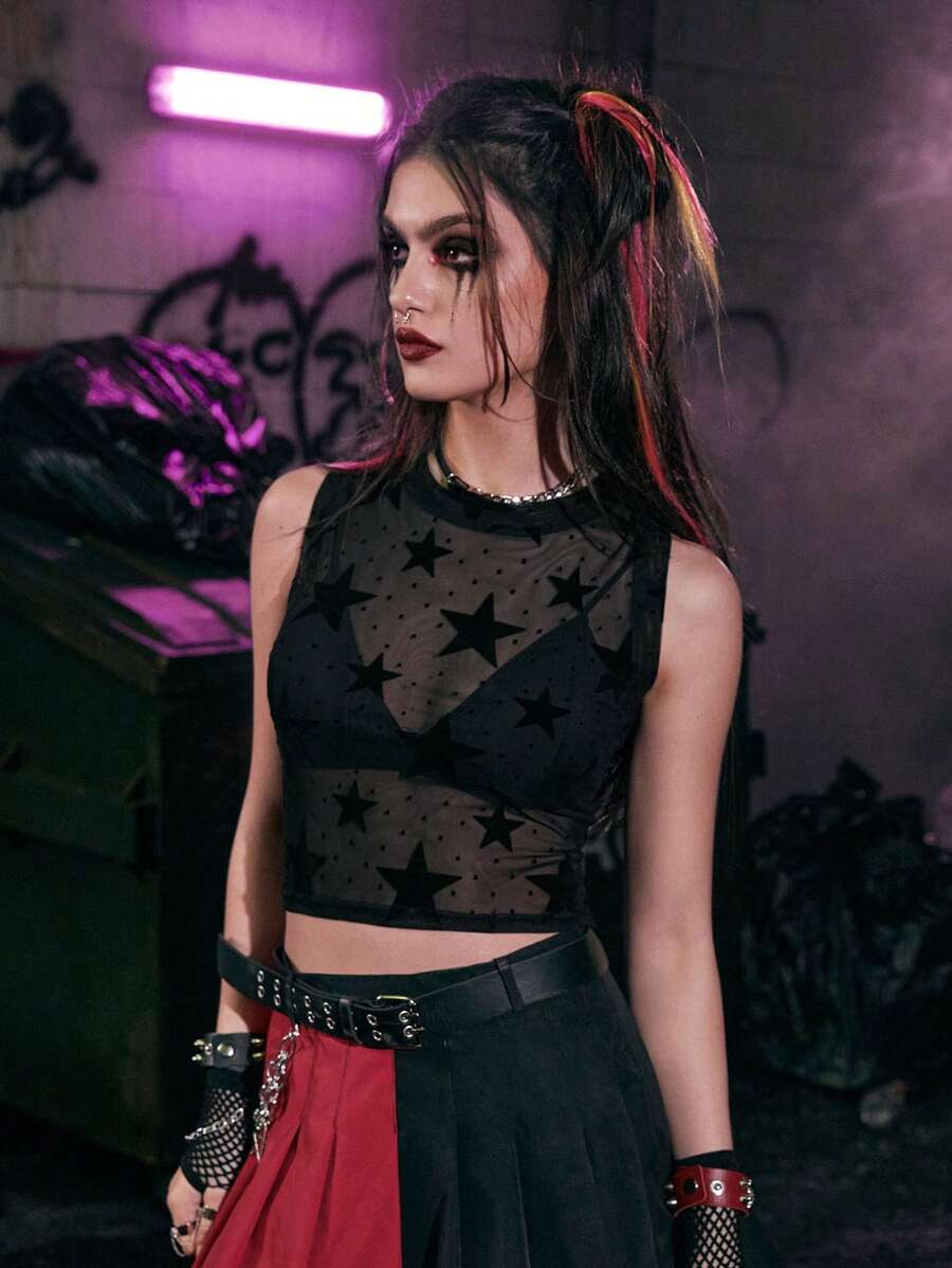 ROMWE Grunge Punk Star Print Mesh Tank Top - Black - View 1