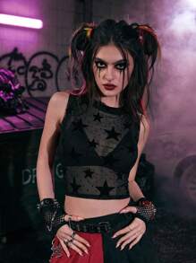 ROMWE Grunge Punk Star Print Mesh Tank Top - Black - View 3
