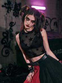 ROMWE Grunge Punk Star Print Mesh Tank Top - Black - View 4