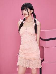 ROMWE Drawstring Ruched Bust Ruffle Hem Cami Dress - Pink - View 5