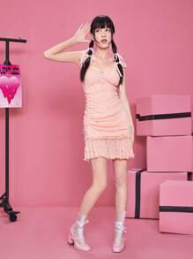 ROMWE Drawstring Ruched Bust Ruffle Hem Cami Dress - Pink - View 6