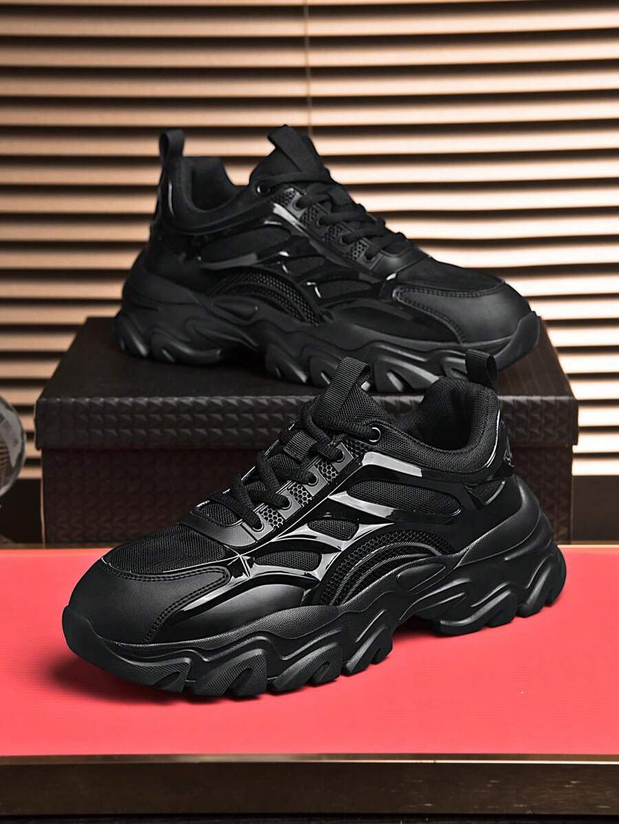 Sporty Chunky Sneakers For Men, Black Lace-up Front Sneakers - Black - View 1