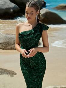 One Shoulder Ruffle Trim Sequin Formal Dress - Green - View 4