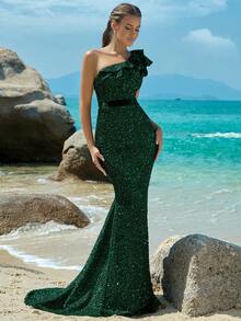 One Shoulder Ruffle Trim Sequin Formal Dress - Green - View 6