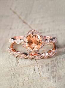 2入組/套時尚方晶鋯石戒指套裝適合女士適合婚禮派對首飾類情人節禮品 - 香檳色 - 查看 3