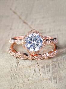 2pcs/set Glamorous Cubic Zirconia Decor Ring For Women For Engagement Gift - White - View 3