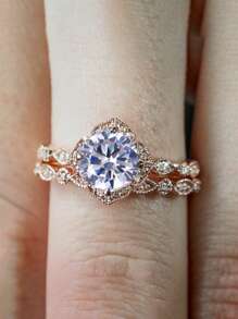 2pcs/set Glamorous Cubic Zirconia Decor Ring For Women For Engagement Gift - White - View 4