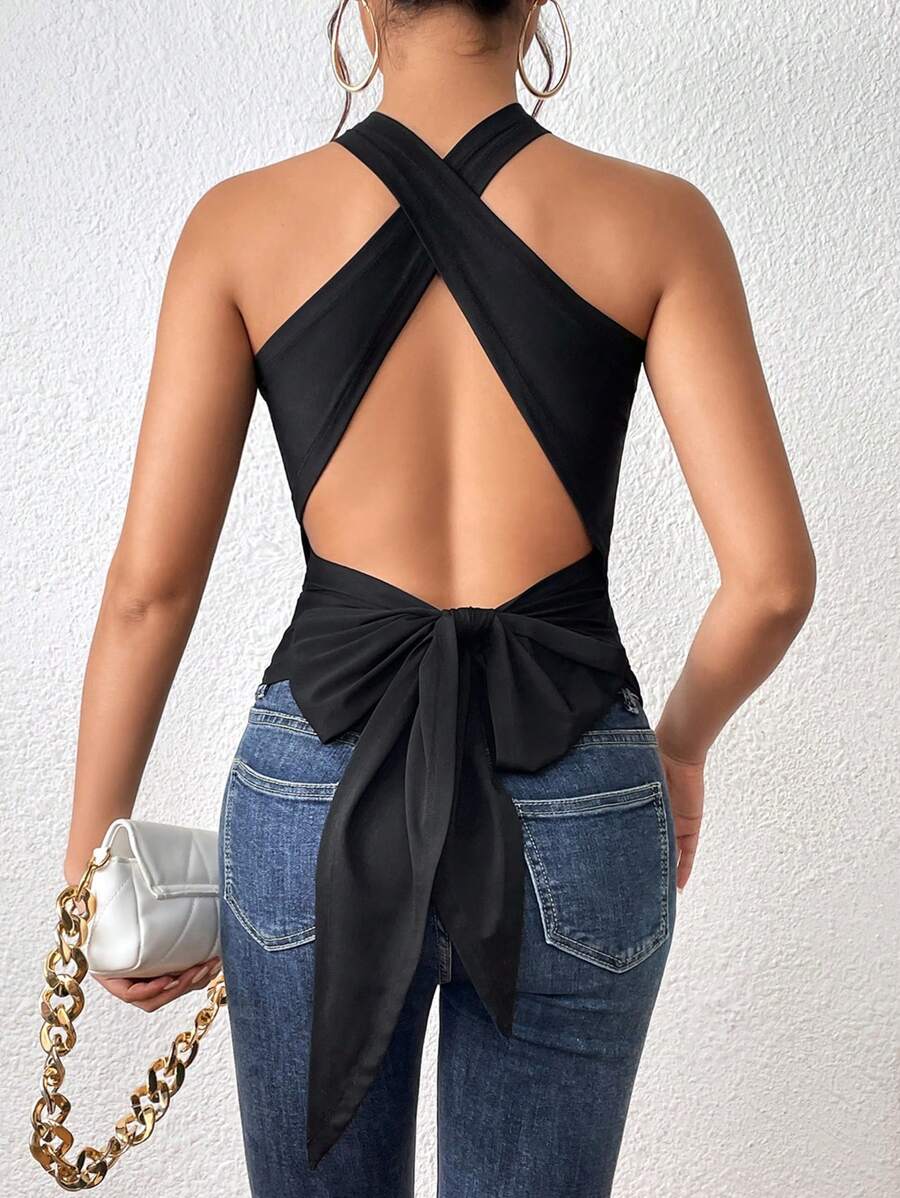 SHEIN Privé Áo khoác và áo lót dành cho xe tăng nữ Lộ Lưng Hội Chữ thập Buộc lại màu trơn Gợi cảm - màu đen - Xem 1