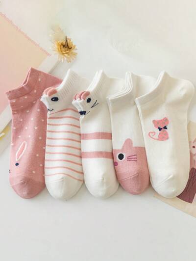 5 pares Meias de tornozelo gráfico de desenho animado