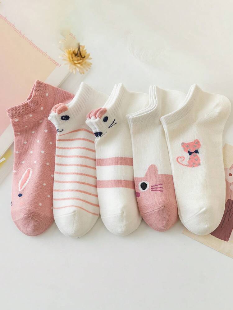 5/10 Pairs Women Cute 3D Cat Ear Design Short Socks, Japanese Style