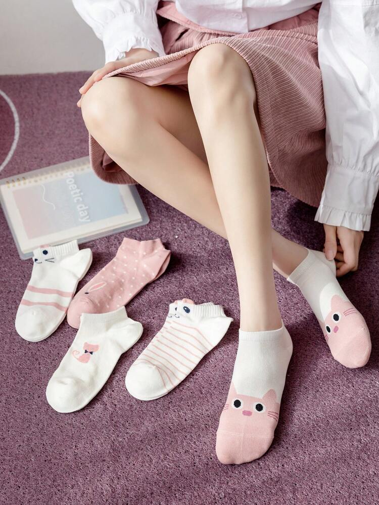 5/10 Pairs Women Cute 3D Cat Ear Design Short Socks, Japanese Style