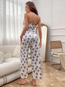 Conjunto de pijama de camisa de tirantes de satén con estampado floral y pantalones / Conjunto de pijama blanco