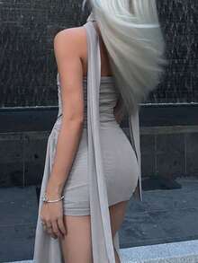 Draped Front Tube Bodycon Dress - Grey - View 2