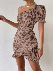 Chiquease Allover Print One Shoulder Ruffle Trim Wrap Hem Dress - Dusty Pink - View 6