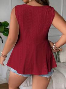 SHEIN Holidaya 大碼網眼刺繡荷葉邊下擺背心 - 酒紅色 - 查看 2