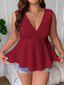 SHEIN Holidaya 大碼網眼刺繡荷葉邊下擺背心 - 酒紅色 - 查看 3