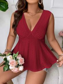 SHEIN Holidaya 大碼網眼刺繡荷葉邊下擺背心 - 酒紅色 - 查看 6