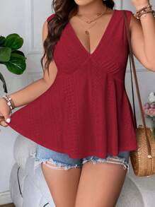 SHEIN Holidaya 大碼網眼刺繡荷葉邊下擺背心 - 酒紅色 - 查看 7