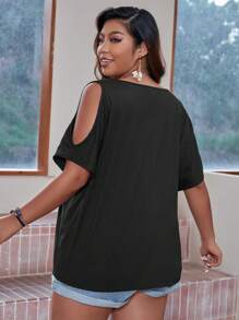 SHEIN LUNE Plus 椰子树印花露肩蝙蝠袖 T 恤图案 T 恤女式上衣 - 黑色 - 查看 2