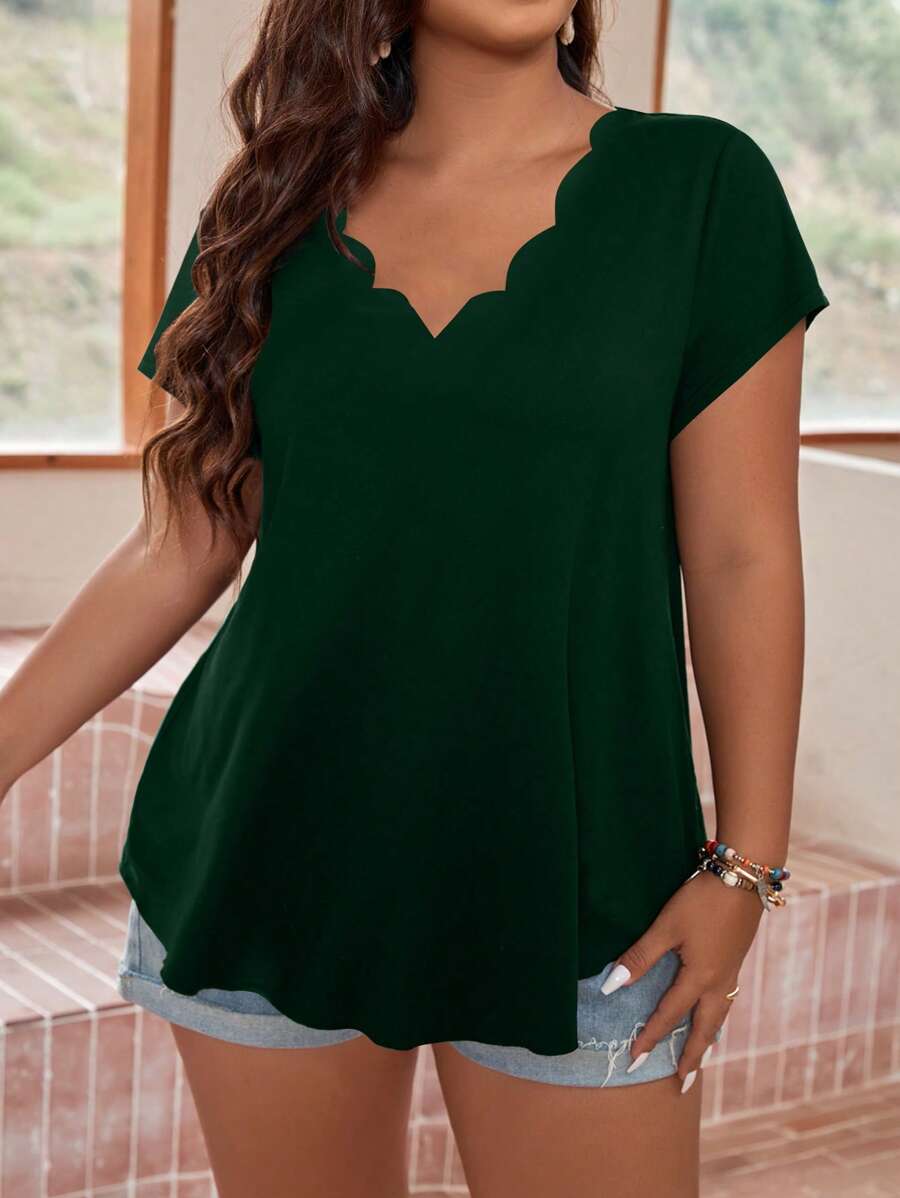 SHEIN LUNE Áo thun Plus size Sò điệp màu trơn Giải trí - Màu xanh lá cây đậm - Xem 1