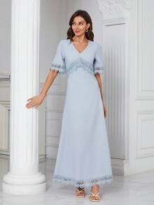Vestido ribete con encaje de muslo con abertura - Celeste - Ver 6