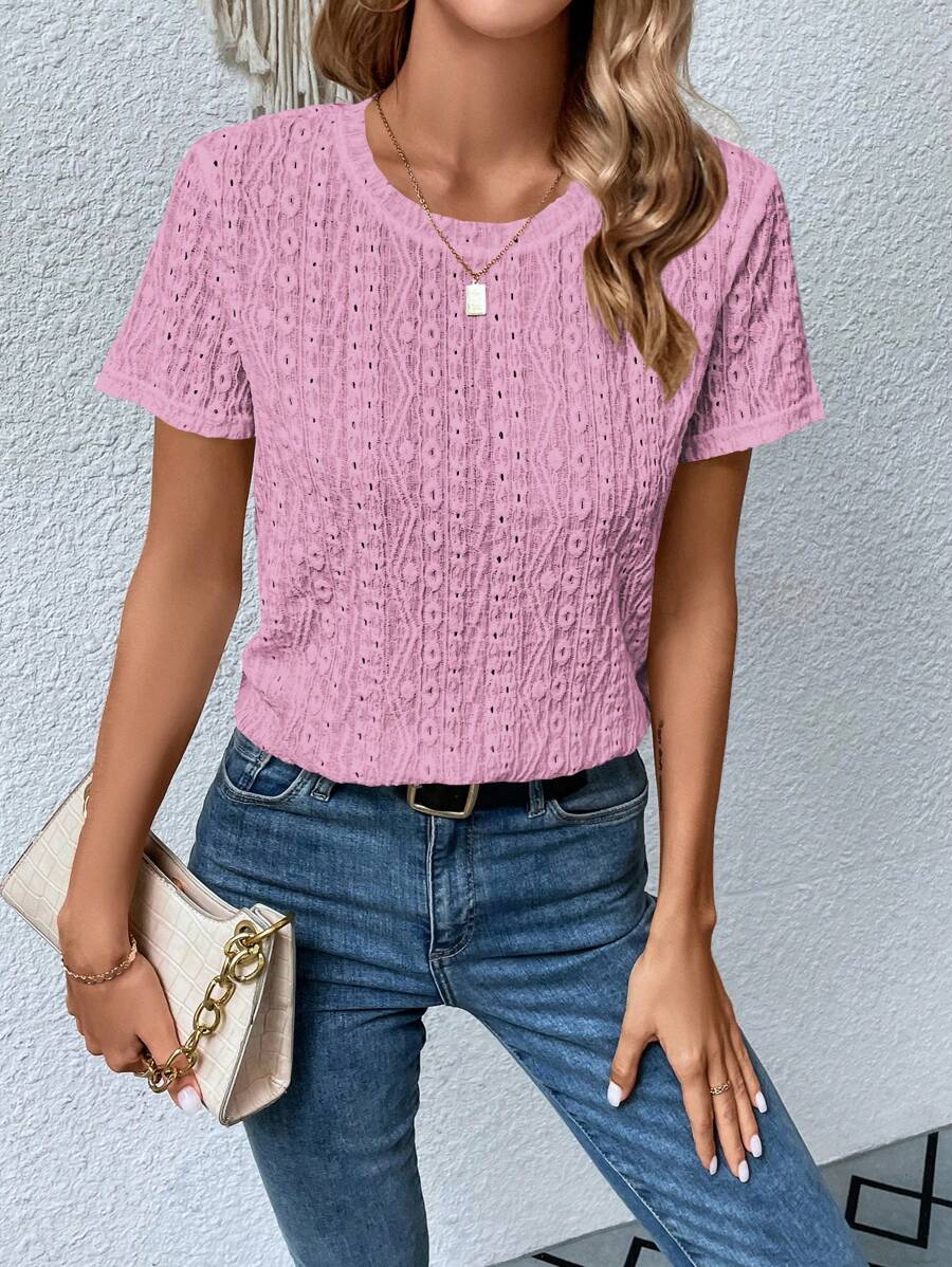 SHEIN LUNE Áo thun nữ Tranh thêu màu trơn Giải trí - Hồng - Xem 1