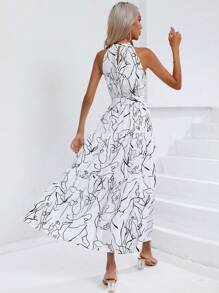 SHEIN Privé 滿版印花腰帶掛脖洋裝 - 白色 - 查看 2