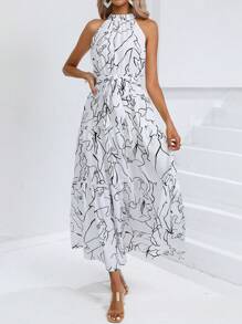 SHEIN Privé 滿版印花腰帶掛脖洋裝 - 白色 - 查看 4