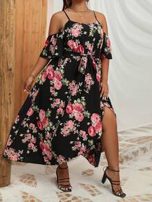SHEIN LUNE Đầm Plus Size Thắt lưng Tách cao Hoa Boho - Nhiều màu - Xem 4