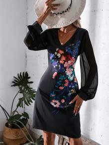 Aveloria 印花網紗拼接燈籠袖洋裝