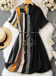 SHEIN LUNE 大碼圓點和條紋印花前排扣腰帶襯衫洋裝 - 彩色 - 查看 1